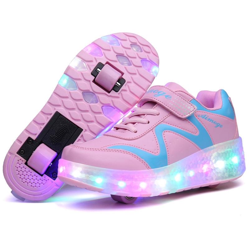 V562-F3393GO-202508271425-00 Rechargeable Double Wheel Roller Skating Shoes - Pink Size 27 - Image 1