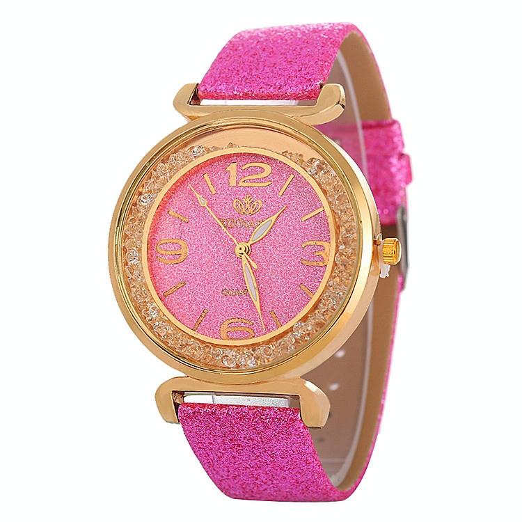 V562-G104668250DBT-202508280935-00 Gold Rhinestone Quartz Watch with Pu Leather Strap for Women - Rose Red - Image 1