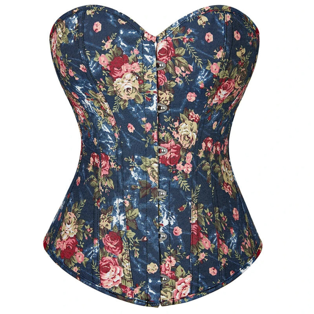 V562-OBBPBBKOIINTLXXN-15-202508291931-00 Floral Lace-Up Denim Corset Plus Size S-6Xl Boned Strapless Blue / Black - Blue - 4Xl - Image 1