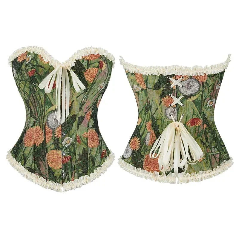V562-OBBPBBKOOKPTPNPP-6-202508291915-00 Green Lace Trim Gothic Corset Ruffled Victorian Bustier For Halloween - Xs - Image 1