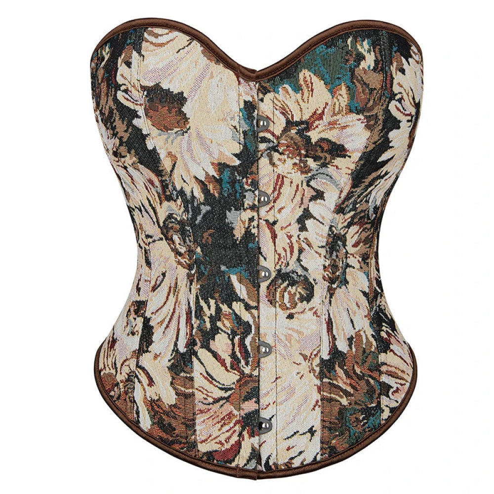 V562-OBBPBBLIAATXLPXK-1-202508291835-00 Floral Print Renaissance Corset 12 Plastic Bones Front 5 Busk Closure Plus Size - Brown 791 - 5Xl - Image 1