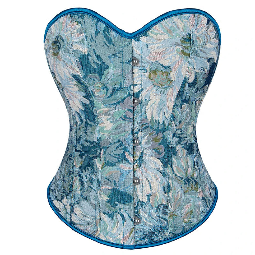 V562-OBBPBBLIAATXLPXK-18-202508291855-00 Floral Print Renaissance Corset 12 Plastic Bones Front 5 Busk Closure Plus Size - Blue 502 - Xxxl - Image 1