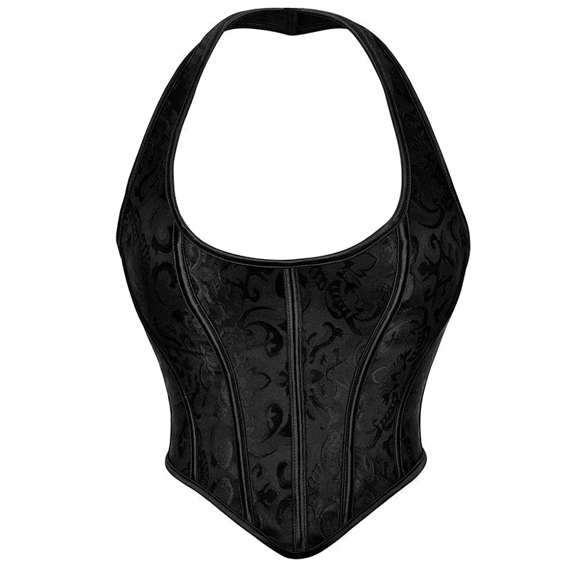 Black Brocade Lace-Up Halter Corset Plus Size Vintage Gothic Corselet - L