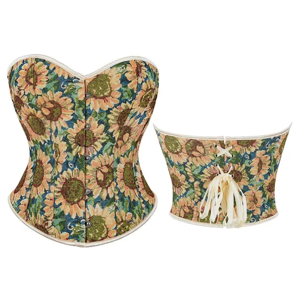 V562-OBBPBBNKBLBINIXL-1-202508291715-00 Floral Sunflower Lace Bustier Plus Size Xs-Xxl Front Busk Lace Up Boned Strapless Seamless Corset - S - Image 1
