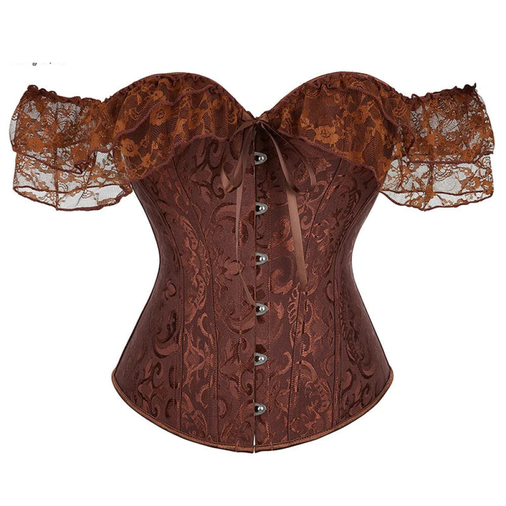 V562-OBBPBBNLONPPPTON-16-202508291940-00 Brown Steampunk Corset With Front Busk Closure Floral Lace And Puff Sleeves - Brown - 6Xl - Image 1