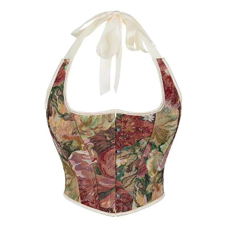 V562-OBBPBBNPTANOBNOT-1-202508292015-00 Retro Floral Print Halterneck Corset Top Front Busk Closure Plus Size Xs-Xxl - M - Image 1