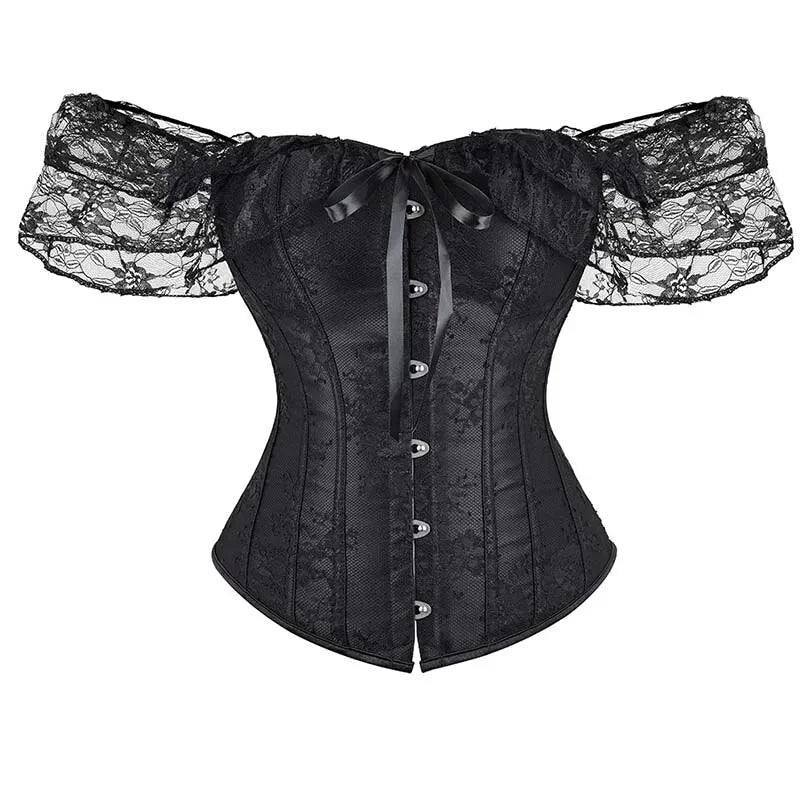 V562-OBBPBBNXLNNILALO-2-202508291435-00 Floral Lace Corset With Off Shoulder Sleeves Plus Size S-6Xl Bow Tie Chest Biner Bustier Top In Black - Xl - Image 1