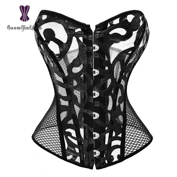 V562-OBBPBBTTTAXNBLNP-6-202508291436-00 Mesh Net Corset Black White See Through Bustier For Alluring Slimming And Breathability - Black - L - Image 1