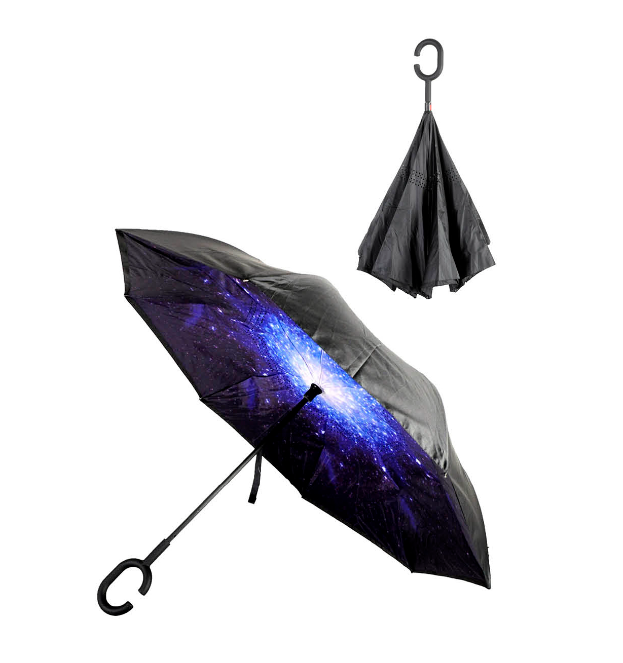 V563-22215-02-202508190830-00 Reverse Umbrella Windproof Double Layer C-Handle Inverted Folding in Galaxy Print - Image 1