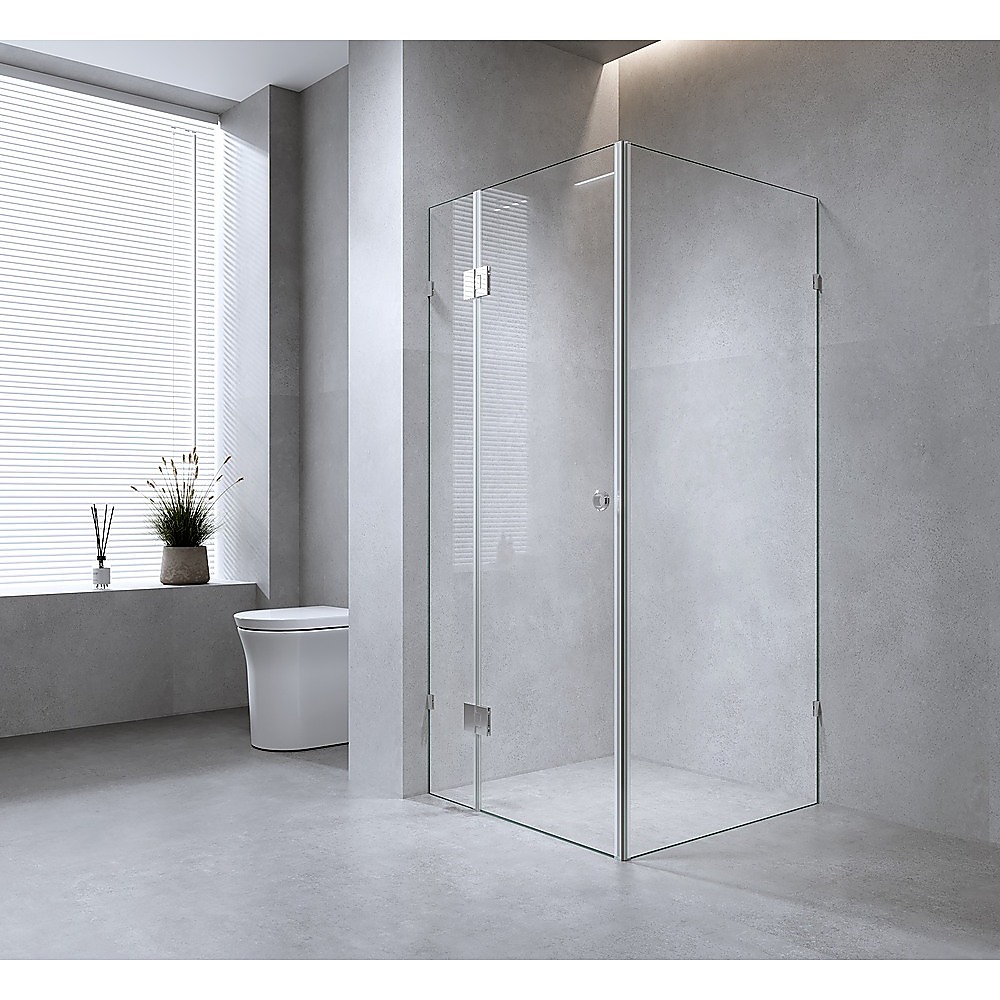 V63-946941-202507042341-00 120x70cm Corner Frameless Shower Screen with Gunmetal Brackets and Brass Hinges - Wall U-Brackets - Image 1