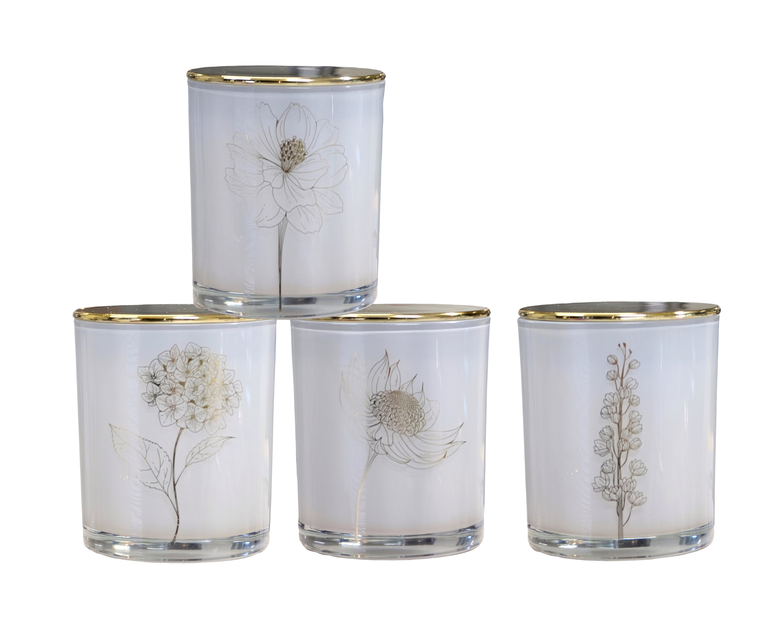 V637-CPU37183-202508251830-00 bulk 12 Foiled Botanical Flower Scented Candle 4 Assort 9cm - Image 1