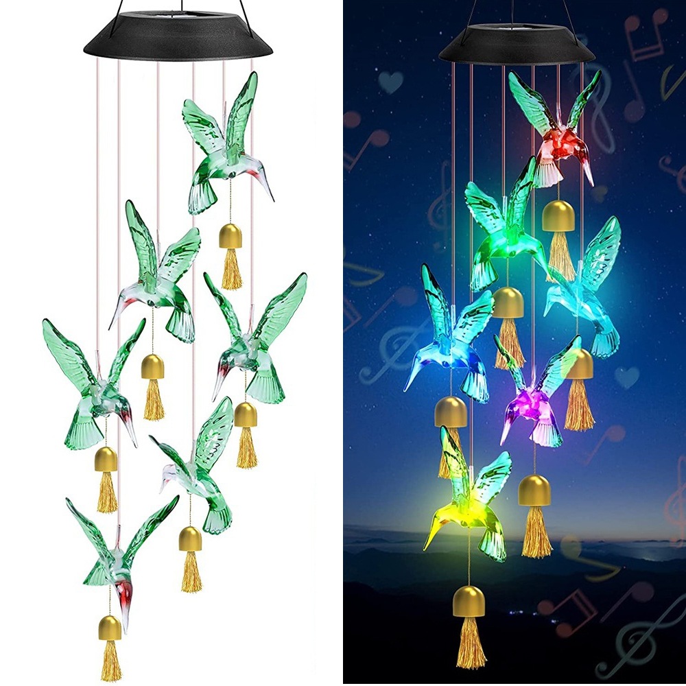 V888-ELOSUNG32986-202507180915-00 Green Solar Powered Hummingbird Wind Chime(With bell) - Color-Changing LED Hanging Garden Light Outdoor Decor - Image 1