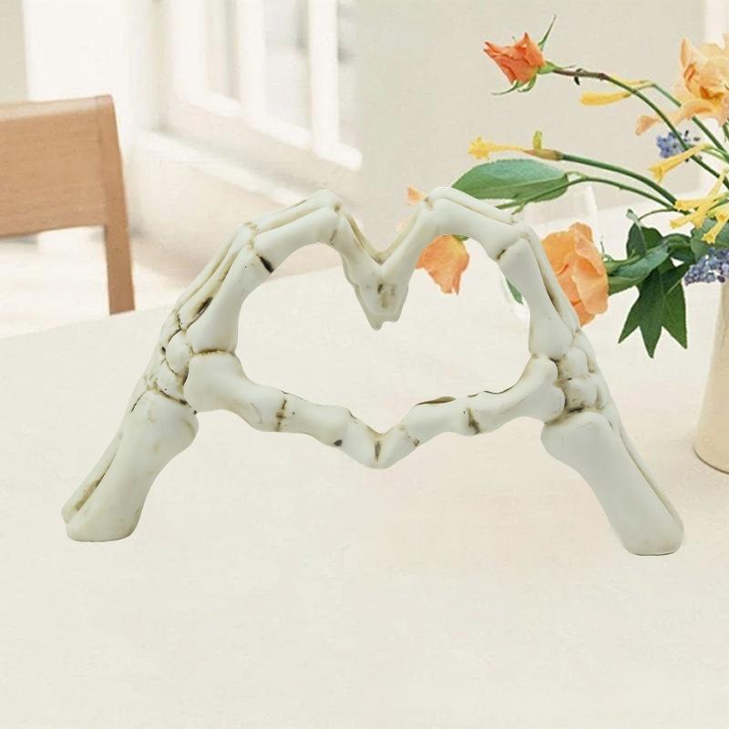 V888-ELOSUNG33888-202509091721-00 White Gothic Skeleton Hands Heart Sculpture - Macabre Love Figurine for Home & Halloween Decor - Image 1