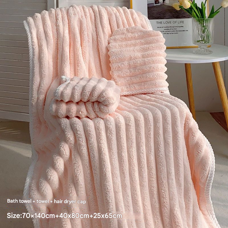 V888-ELOSUNG34495-202507211316-00 Pink Plush Ribbed Coral Fleece 3-Piece Towel Set - Ultra Soft & Absorbent Bath, Hand Towel and Hair Wrap - Image 1