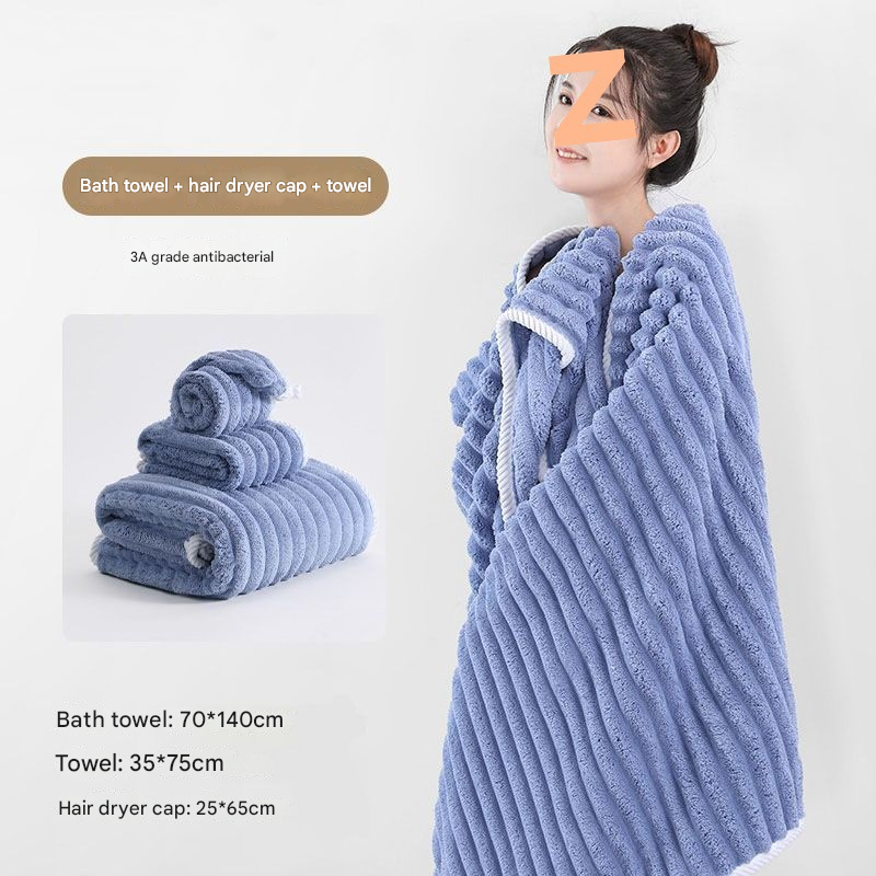 V888-ELOSUNG34498-202507211316-00 Blue Plush Ribbed Coral Fleece 3-Piece Towel Set - Ultra Soft & Absorbent Bath, Hand Towel and Hair Wrap - Image 1