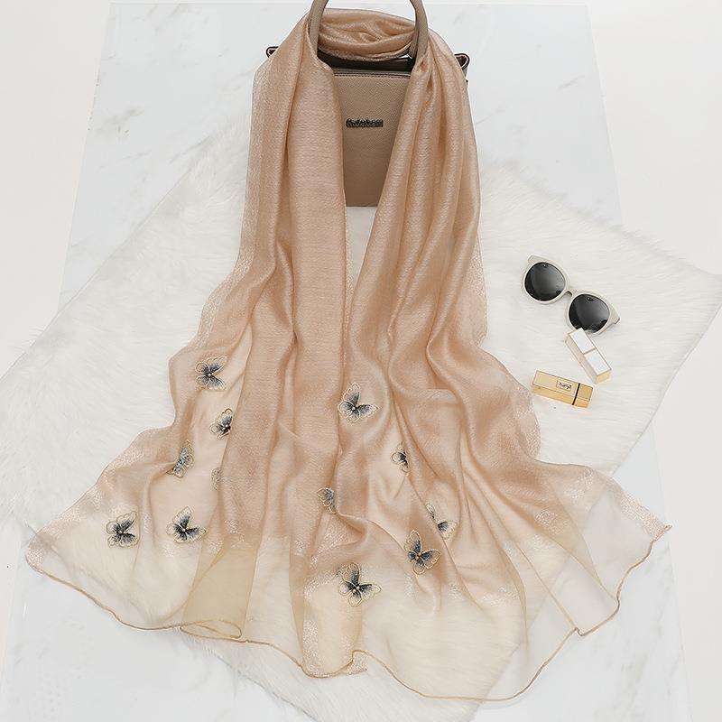 V888-ELOSUNG35868-202508121535-00 Elegant Butterfly Embroidered Scarf Shawl - Large Soft Silk Blend Wrap for Women(Khaki) - Image 1