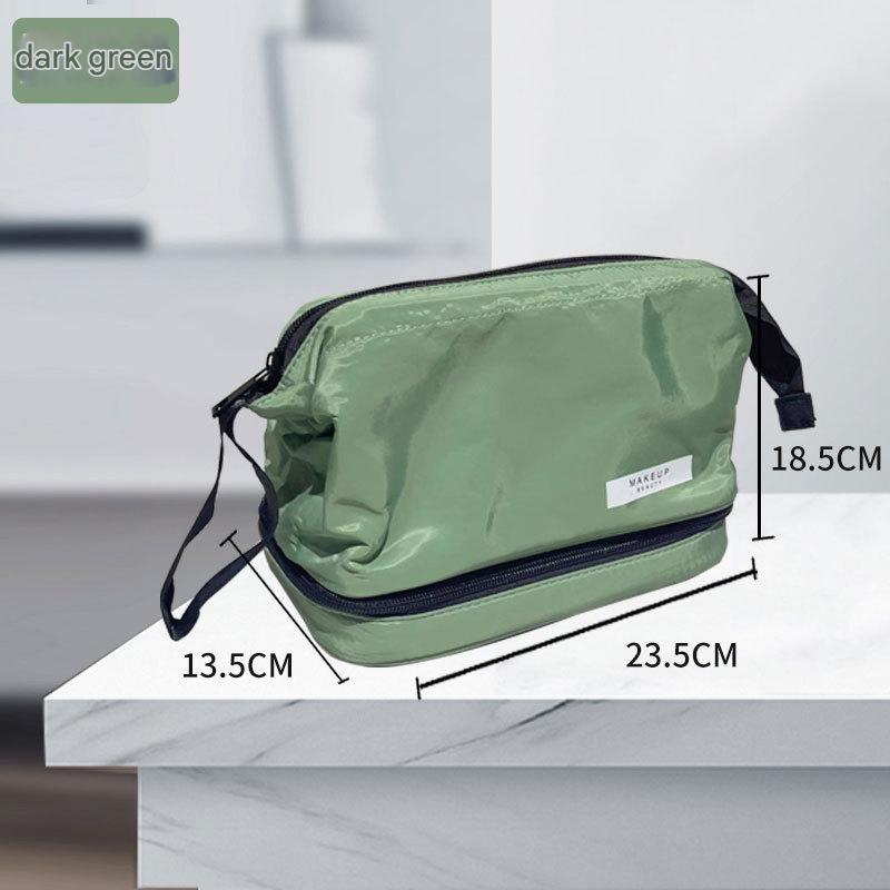 V888-ELOSUNG36326-202508191031-00 Dark Green Chic Dual-Compartment Makeup & Toiletry Bag - Large Capacity Travel Organizer with Brush Holder - Image 1