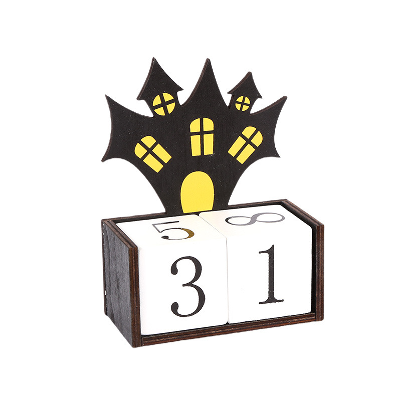 V888-ELOSUNG36472-202509101431-00 Black Castle Shape Festive Halloween Countdown Blocks - Reusable Wooden Perpetual Calendar for Desk Decor - Image 1