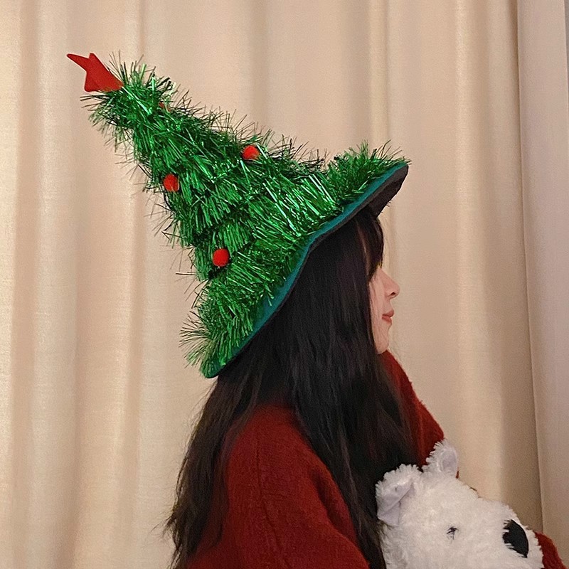 V888-ELOSUNG36474-202509101611-00 Green Sparkly Tinsel Christmas Tree Hat - Festive Holiday Party Headwear for Adults & Kids - Image 1