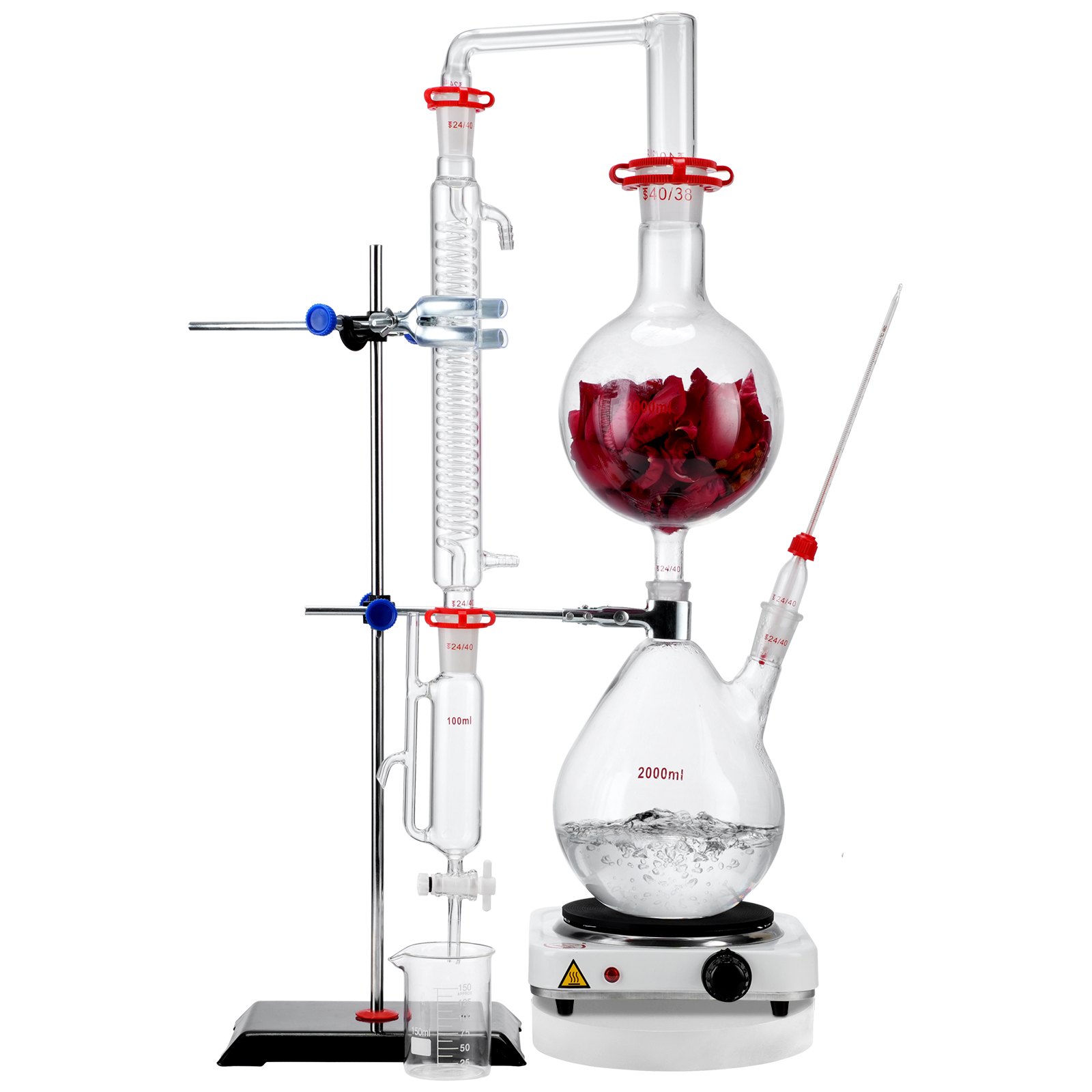 V952-JYTQBLZZJPDJMWNR6V3-202507141211-00 VEVOR Essential Oil Distillation Kit, 2000ml Distillation Apparatus, 3.3 Boro Lab Glassware Distillation Kit with 1000W Heating Plate and 24, 40 Joint, 28 pcs Set - Image 1