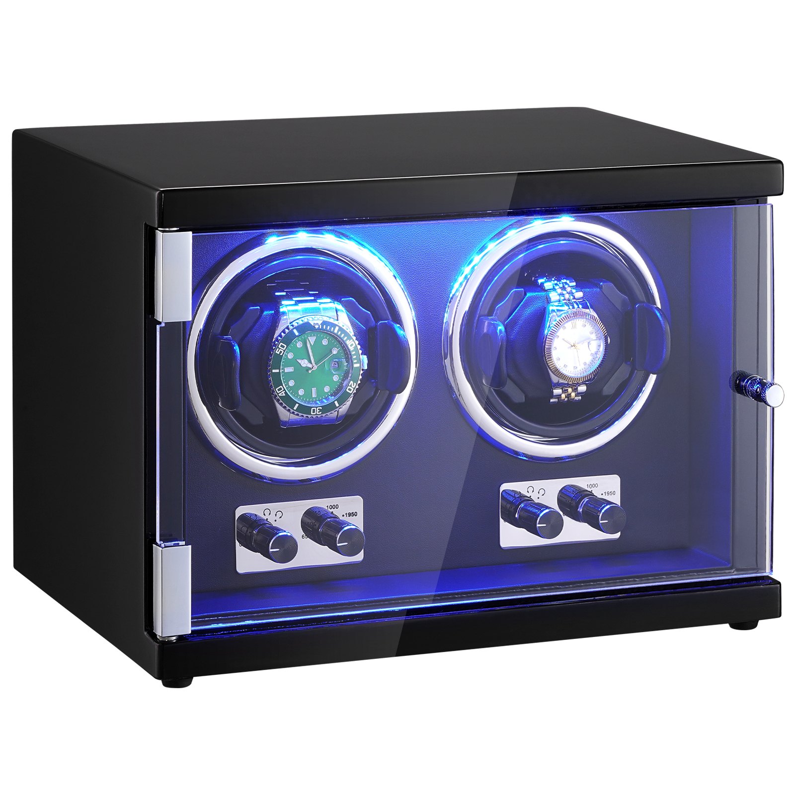 V952-SBZDSLH2Z0001PWIXV3-202508012252-00 VEVOR Watch Winder, Dual Watch Winder for Men's and Women's Automatic Watch, with 2 Super Quiet Japanese Mabuchi Motors, Blue LED Light and Adapter, High-Density Board Shell and Black PU - Image 1