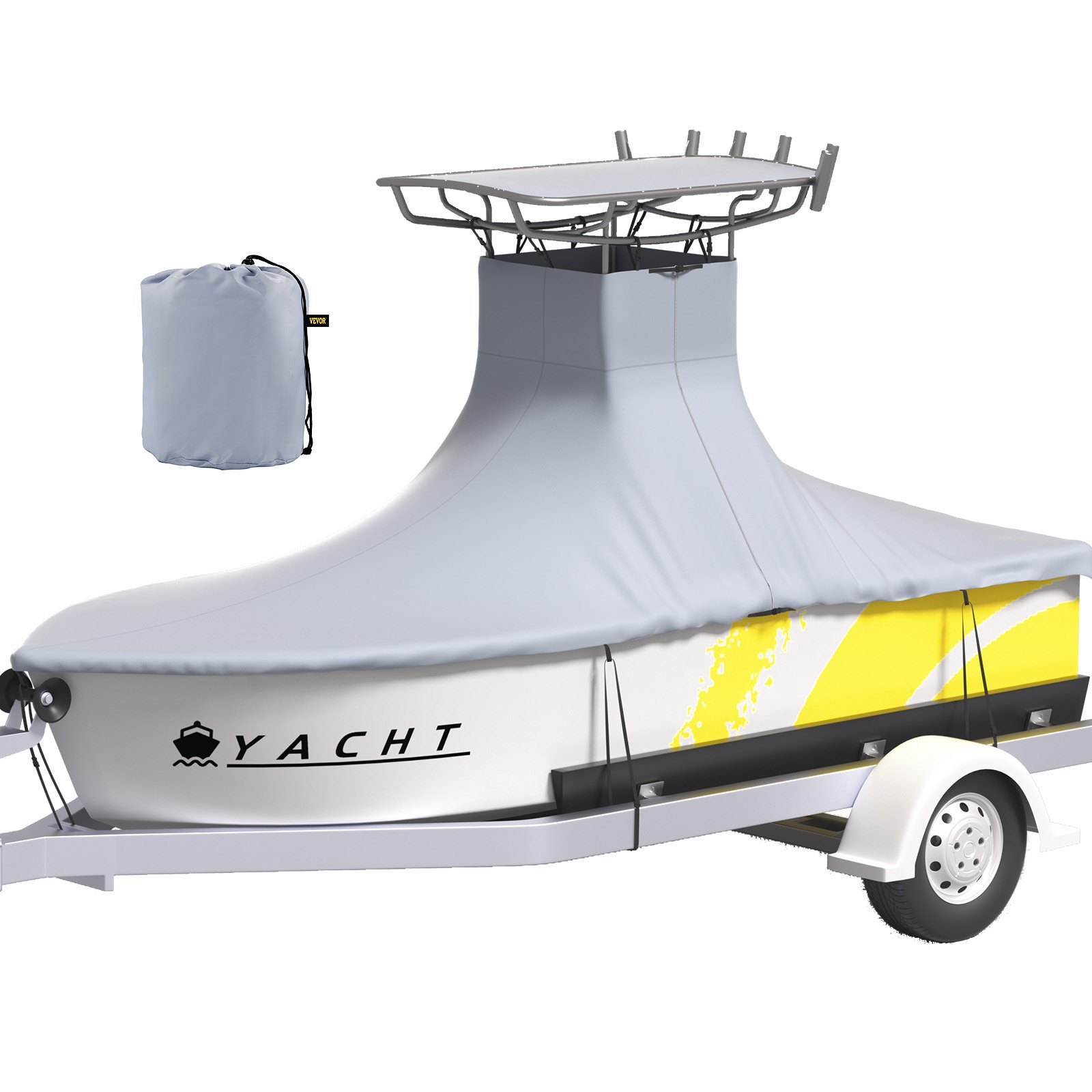 V952-XDPCGT2224116P1TVV0-202507141615-00 VEVOR T-Top Boat Cover, Fit for 22'-24' Boat, Heavy Duty 600D Marine Grade Oxford Hard Top Cover, UV Resistant Waterproof Center Console Boat Cover with 2 Support Poles and 7 Wind-Proof Straps, Gray - Image 1