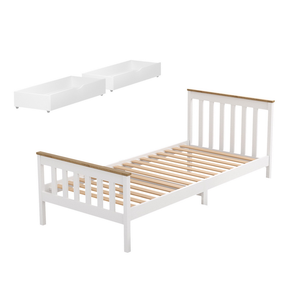 WBED-D-TC18-92-DRAW-202507181424-00 Artiss Bed Frame Single Size Wooden Platform with 2 Storage Drawers White PONY - Image 1